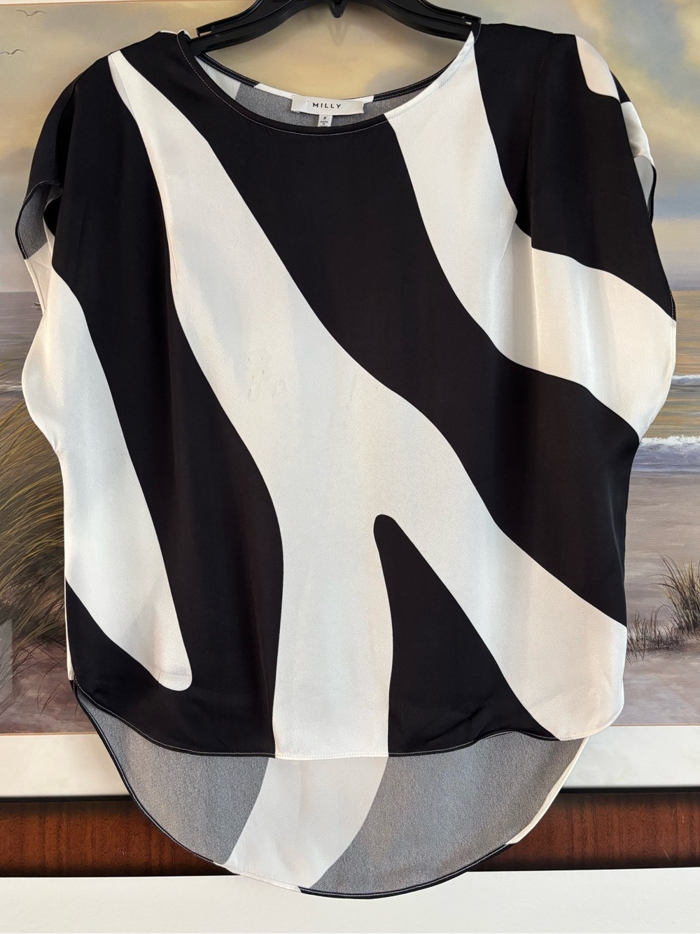 MILLY Abstract Stripe Black White Zebra Print Viscose Cap Sleeve Blouse Top